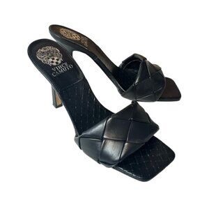 Vince Camuto Women's Brelanie Black Leather Woven Strap Heels Sandal Size 9